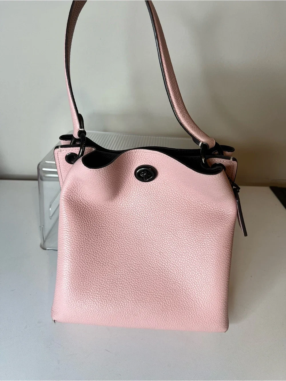 Coach Pink Pebbled Leather Shoulder Bag with Black Trim